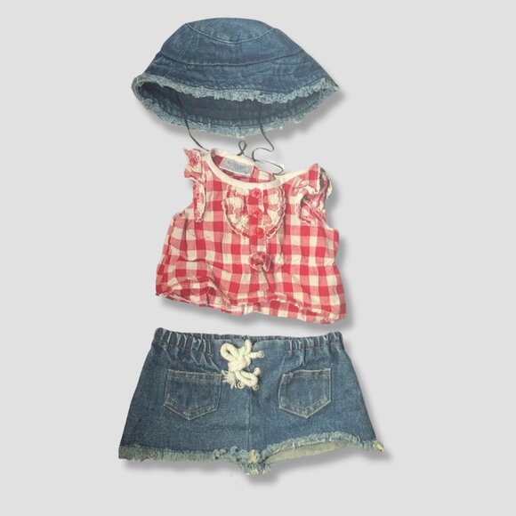 Build-A-Bear Hello Kitty Outfit Set Gingham Ruffled Top Denim Skirt Red/White OS - Picture 1 of 10